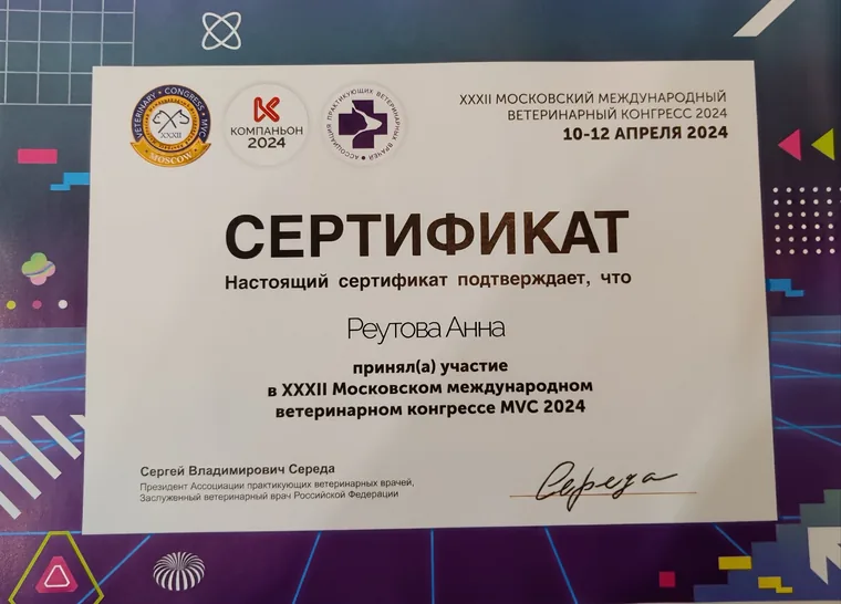 Сертификат Анны Аркадьевны Реутовой — XXXI Московский международный ветеринарный конгресс