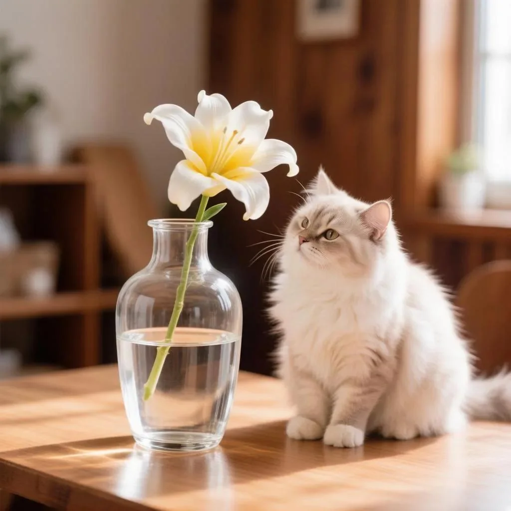 Кошка рядом с букетом белых лилий